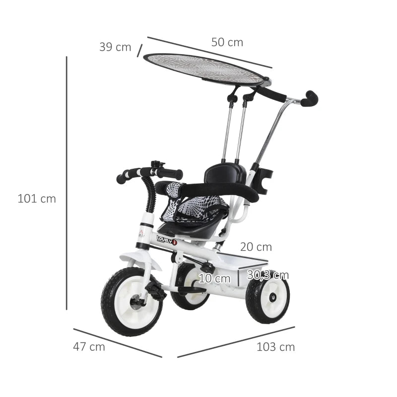 HOMCOM 4 in 1 Tricycle for Kids Toddler Trike with Parent Handle Adjustable Handle Canopy