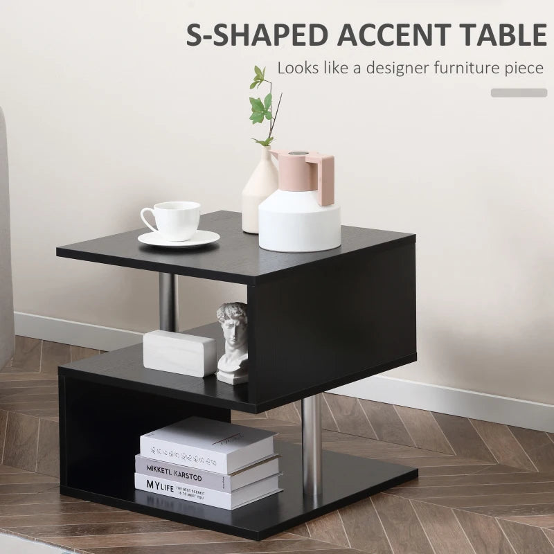 HOMCOM S-Shaped Coffee Table, Cube End Table with 2 Tier Storage Shelves for Living Room, Bedroom, Black