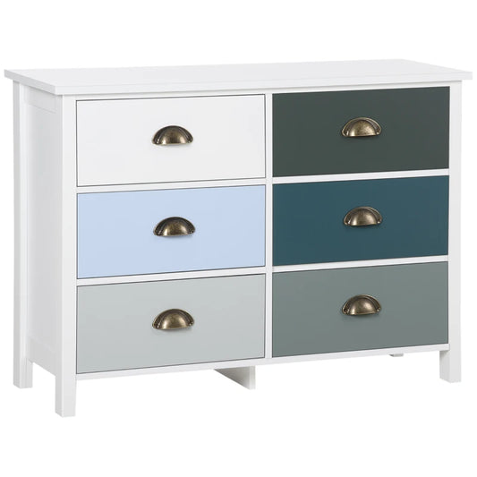 HOMCOM Chest of Drawers, 6-Drawer Dresser, Shabby Chic Storage Cabinet with Antique Handles for Bedroom, Multi-Coloured