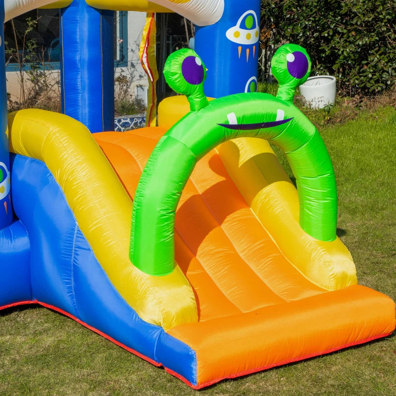 Outsunny 4 in 1 Kids Bouncy Castle Large Alien Style Inflatable House Slide Trampoline Climbing Wall Basket with Air blower Carrybag Patches for Kids Age 3-8