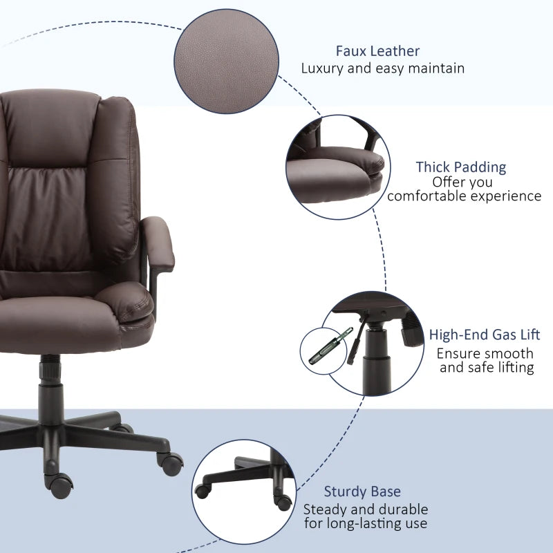 HOMCOM Mid Back Executive Office Chair, Faux Leather Computer Desk Chair with Swivel, Double-Tier Padding, Arm, Wheels, Brown
