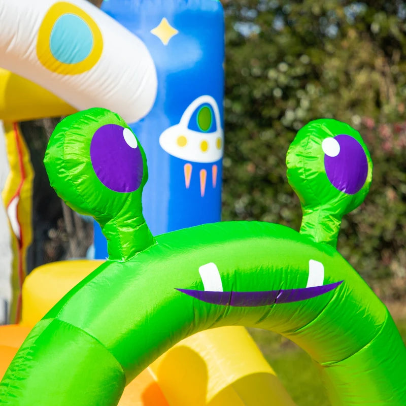 Outsunny 4 in 1 Kids Bouncy Castle Large Alien Style Inflatable House Slide Trampoline Climbing Wall Basket with Air blower Carrybag Patches for Kids Age 3-8