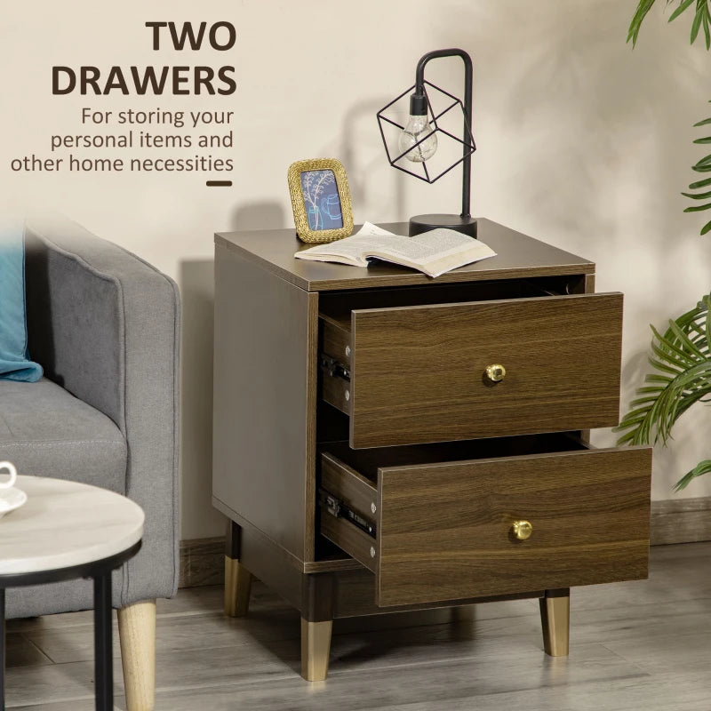 HOMCOM Bedside Table, Modern Nightstand with 2 Drawers, End Side Table for Bedroom and Living Room, Brown