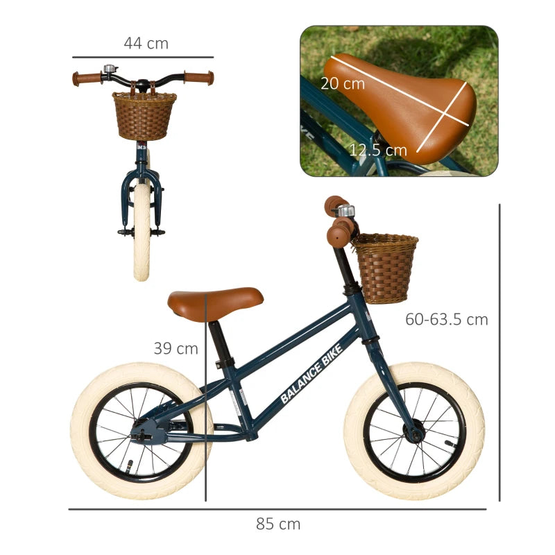HOMCOM 12 Inch Kids Balance Bike Toddler No Pedal Training Bicycle with Rubber Tires Adjustable Handlebar Basket Bell for 3-6 Year Old Boys Girls, Brown