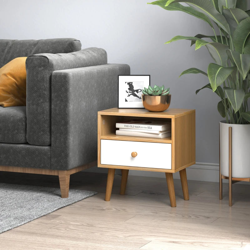 HOMCOM Wooden Bedside Table, with Drawer and Shelf, Modern Nightstand, End Table for Living Room, Bedroom, Natural
